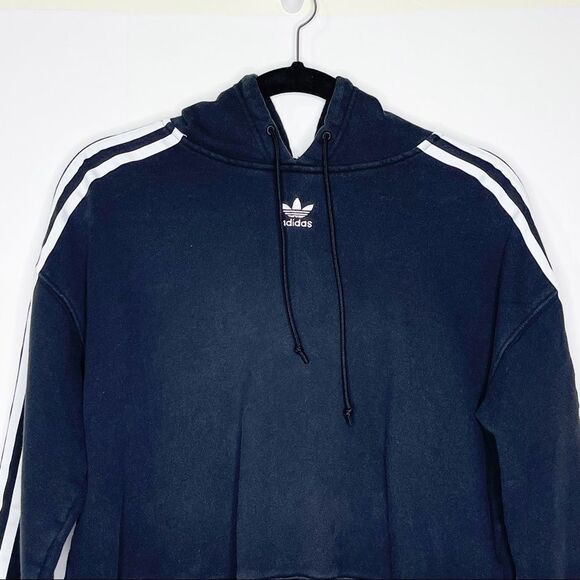 Adidas Black With White Three Stripes Logo Cropped Hooded Sweatshirt Size Small - Picture 3 of 12